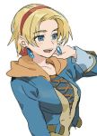  1girl alternate_eye_color blonde_hair blue_eyes breasts cecilia_lynne_adelhyde coat commentary_request cross-laced_clothes earrings hairband hanakuso jewelry lowres open_mouth red_hairband short_hair smile solo wild_arms wild_arms_1 