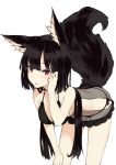  1girl animal_ear_fluff animal_ears bangs bare_arms bare_legs bare_shoulders bending_forward black_bra black_hair black_panties blunt_bangs bra breasts camisole chemise cleavage cowboy_shot eyebrows_visible_through_hair fox_ears fox_girl fox_tail highres long_hair looking_at_viewer original panties parted_lips paryi red_eyes see-through simple_background slit_pupils swimsuit tail underwear very_long_hair 