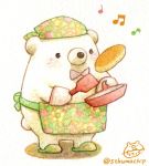  artist_name bandanna bear black_eyes blush bow bowtie food frying_pan holding_frying_pan holding_spatula looking_away musical_note no_humans original oven_mitts pancake red_bow red_neckwear signature slippers spatula st.kuma standing twitter_username 