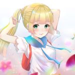  1girl arms_up backpack bag blonde_hair closed_mouth creatures_(company) flower game_freak green_eyes highres lillie_(pokemon) long_hair nail_polish nintendo petals pokemon pokemon_(game) pokemon_sm ponytail shirt short_sleeves smile solo white_shirt zuzy2525 