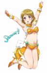  1girl :o \o/ ankle_strap armband armpits arms_up bikini breasts bridal_gauntlets brown_hair cleavage clenched_hands commentary_request earrings hair_ornament heart heart_hair_ornament high_heels jewelry jumping koizumi_hanayo love_live! love_live!_school_idol_project medium_breasts navel orange_bikini orange_footwear outstretched_arms overskirt round_teeth shangri-la_shower simple_background solo stomach swimsuit teeth turkey_min upper_teeth violet_eyes white_background 