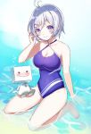  1girl antenna_hair barefoot blue_eyes blue_swimsuit casual_one-piece_swimsuit character_name commentary_request dennou_shoujo_youtuber_shiro looking_at_viewer motsunuki one-piece_swimsuit partially_submerged shiro_(dennou_shoujo_youtuber_shiro) silver_hair sitting smile swimsuit virtual_youtuber wariza water 