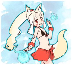  1girl :d animal_ears black_bikini_top commentary_request cowboy_shot facepaint fang flat_chest fox_ears fox_girl fox_tail front-tie_bikini front-tie_top long_hair looking_at_viewer navel open_mouth ponytail red_eyes sarong scrunchie sewayaki_kitsune_no_senko-san shiro_(sewayaki_kitsune_no_senko-san) smile solo tail white_hair wrist_scrunchie yoru_nai 