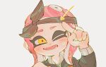  1girl ;d agent_8 blush directional_arrow fang highres long_sleeves looking_at_viewer medium_hair mole nimae04 nintendo octarian octoling one_eye_closed open_mouth redhead simple_background smile solo splatoon splatoon_2 splatoon_2:_octo_expansion teeth tentacle_hair upper_body white_background wink yellow_eyes 