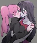  2girls adventure_time arms_around_waist black_hair black_sweater blush collarbone couple eyebrows_visible_through_hair eyes_visible_through_hair grey_background grey_eyes grey_skin hug imminent_kiss long_hair marceline_abadeer multiple_girls off_shoulder open_mouth pink_hair pink_skin princess_bonnibel_bubblegum red_tank_top rokuromi simple_background sweater tank_top turtleneck turtleneck_sweater vampire very_long_hair yuri 