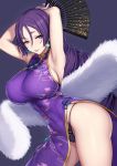  1girl alternate_hairstyle armpits arms_up bangs black_panties breasts bright_pupils china_dress chinese_clothes contrapposto covered_navel cowboy_shot dress earrings evan_yang fan fate/grand_order fate_(series) folding_fan highres huge_breasts jewelry long_hair looking_at_viewer minamoto_no_raikou_(fate/grand_order) panties parted_bangs parted_lips purple_dress purple_hair side_slit simple_background smile solo string_panties underwear very_long_hair violet_eyes white_pupils 