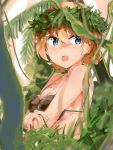  1girl :o bangs bare_arms bare_shoulders blonde_hair blue_eyes blush bound bound_wrists braid breasts cleavage coconut_bra commentary_request darjeeling from_side girls_und_panzer hand_on_own_arm head_wreath highres leaf looking_at_viewer looking_to_the_side medium_breasts open_mouth shaded_face short_hair shuiro_(frog-16) solo strap_gap sweatdrop tree_branch upper_body 