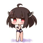  1girl :&lt; ahoge bare_arms bare_legs bare_shoulders barefoot blue_leotard blush brown_hair bunny_tail bunnysuit chibi commentary_request full_body hana_kazari hands_up headgear leotard long_hair looking_at_viewer looking_back parted_lips red_eyes solo strapless strapless_leotard tail touhoku_kiritan triangle_mouth voiceroid white_background 