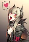  1girl armband bandanna breasts cleavage commentary_request eyebrows_visible_through_hair girls_frontline grey_hair h_kasei heart jacket long_hair looking_at_viewer m4_sopmod_ii_(girls_frontline) multicolored_hair open_clothes open_mouth red_eyes simple_background solo spoken_heart streaked_hair tongue tongue_out unzipped 