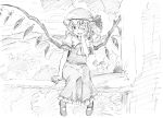  1girl :d absurdres ascot blush commentary_request flandre_scarlet greyscale hand_on_own_cheek hand_up hat highres looking_at_viewer mob_cap monochrome one_eye_closed open_mouth outdoors pink_x puffy_short_sleeves puffy_sleeves scan shoes short_sleeves sitting skirt smile solo touhou traditional_media tree vest wings 