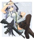  1girl arm_up assault_rifle bangs bayonet black_footwear black_legwear blue_eyes boots bun_cover carrying china_dress chinese chinese_clothes commentary_request dress dual_wielding eyebrows_visible_through_hair green_dress grey_background gun hair_bun hair_ornament hair_tie highres holding holding_knife ichigotofu jewelry knife leg_up light_frown long_hair looking_at_viewer lying m16 military multicolored_hair on_back original outside_border parted_lips rifle ring short_dress short_sleeves side_ponytail side_slit silver_hair solo thigh-highs thigh_strap translation_request two-tone_hair v-shaped_eyebrows weapon weapon_request 
