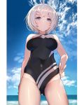  1girl bangs bare_arms bare_shoulders black_swimsuit blue_eyes blue_sky blush breasts closed_mouth clouds commentary_request covered_navel day dennou_shoujo_youtuber_shiro eyebrows_visible_through_hair fingernails groin hair_ornament horizon large_breasts looking_at_viewer ocean rk_(rktorinegi) shiro_(dennou_shoujo_youtuber_shiro) short_hair silver_hair sky smile solo standing swimsuit v virtual_youtuber water 