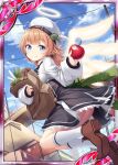  1girl akkijin angel angel_wings apple ass bag blue_eyes blue_sky brown_hair card_(medium) clouds feathers food fruit green_ribbon halo hat jumping market official_art outdoors ribbon shinkai_no_valkyrie shoe_soles shoes sky socks wings 