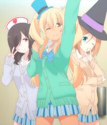  3girls aqua_eyes black_hair blonde_hair bob_cut brown_hair halloween_costume hat highres maroon_eyes multiple_girls nurse_cap osonoi_maiko pleated_skirt school_uniform screencap short_hair skirt sunohara_nana sunoharasou_no_kanrinin-san twintails uchifuji_mea witch_hat yellow_eyes 