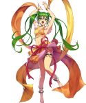  1girl anklet armpits arms_up bangs barefoot breasts choker cozy dancer double_bun earrings fire_emblem fire_emblem:_seisen_no_keifu fire_emblem_heroes full_body green_eyes green_hair highres jewelry long_hair medium_breasts midriff navel nintendo official_art open_mouth shiny shiny_hair skirt smile solo sylvia_(fire_emblem) thigh_strap toes transparent_background twintails 