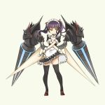  1girl black_legwear crossed_arms detached_collar dual_wielding flat_chest full_body highres holding long_hair maid maid_headdress mary_janes mecha_musume mechanical_wings original pas_(paxiti) purple_hair red_footwear shoes solo sword thigh-highs twintails weapon wings wrist_cuffs yellow_eyes zettai_ryouiki 