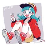  1girl :d bare_legs baseball_cap blue_eyes blue_hair blush_stickers bulma character_name commentary dragon_ball dragon_ball_(classic) english_commentary eyelashes fingernails floating_hair full_body happy hat highres jacket long_hair looking_away open_mouth purple_background red_footwear red_jacket shirt shoes shorts simple_background sitting smile sneakers socks solo tkgsize twitter_username two-tone_background v white_background white_shirt yellow_shorts 