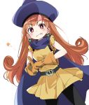  1girl alena_(dq4) bangs belt black_legwear blue_cape blue_hat blunt_bangs blush cape clenched_teeth curly_hair dragon_quest dragon_quest_iv earrings eyebrows_visible_through_hair gloves hat ixy jewelry long_hair looking_at_viewer orange_gloves orange_hair pantyhose red_eyes simple_background skirt smile solo star teeth white_background yellow_skirt 