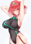  1girl armpits breasts competition_swimsuit covered_navel earrings headpiece highres pyra_(xenoblade) jewelry large_breasts nintendo one-piece_swimsuit red_eyes redhead sankakusui sidelocks solo swimsuit swismsuit tiara xenoblade_(series) xenoblade_2 