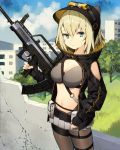  1girl assault_rifle belt black_gloves blonde_hair blue_eyes breasts cleavage cowboy_shot fingerless_gloves gloves gun hair_between_eyes hat highres large_breasts looking_at_viewer microskirt misoni_comi navel original outdoors pantyhose parted_lips pleated_skirt revealing_clothes rifle skirt solo trigger_discipline weapon 