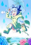 1girl :d alternate_costume bare_legs blue_bow blue_eyes blue_hair boots bow buttons cirno commentary_request elbow_gloves flower frog full_body gloves hair_between_eyes hair_bow hands_up happy hat highres holding holding_leaf holding_umbrella hood hood_down hydrangea ice ice_wings inuno_rakugaki leaf leaf_umbrella looking_afar open_mouth puddle rain raincoat rubber_boots running short_hair smile sparkle teruterubouzu touhou umbrella upper_teeth water water_drop wide-eyed wings yellow_footwear 