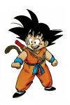  1boy :d black_eyes black_footwear black_hair clenched_hands clothes_writing dougi dragon_ball dragon_ball_(classic) full_body happy highres looking_away male_focus nyoibo official_art open_mouth short_hair simple_background smile son_gokuu spiky_hair standing tail toriyama_akira white_background wristband 