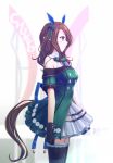  1girl animal_ears aoki_chibe arms_at_sides belt black_gloves black_legwear blurry blurry_background blush bow brown_hair clenched_hand ear_covers garter_straps gloves green_bow hair_between_eyes hair_bow highres horse_ears horse_girl horse_tail king_halo long_hair profile red_eyes short_sleeves skirt solo standing tail thigh-highs umamusume white_background white_skirt 