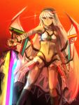  1girl altera_(fate) bangs bare_shoulders choker closed_mouth dark_skin detached_sleeves fate/extella fate/extra fate/grand_order fate_(series) feet_out_of_frame full_body_tattoo headdress highres holding holding_weapon jewelry legs looking_at_viewer midriff navel photon_ray red_eyes revealing_clothes short_hair showgirl_skirt skirt socks solo sword syezo-aruru tan tattoo thighs veil weapon white_hair white_skirt 