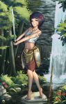  1girl artist_name bangs bare_shoulders black_hair blue_eyes breasts brown_shorts closed_mouth commentary dappled_sunlight dated facepaint flower forest full_body grass hair_flower hair_ornament holding holding_sword holding_weapon jewelry klegsart leaf looking_at_viewer nature navel necklace on_rock original outdoors red_flower rock sarashi shield short_hair shorts sketch_eyebrows small_breasts smile solo standing stomach stream sunlight sword tooth_necklace tree v_arms water waterfall weapon 