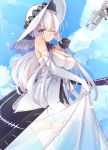  1girl ahoge anchor_symbol azur_lane bangs bare_shoulders blue_eyes blue_sky blush breasts choker cleavage clouds collarbone day dress elbow_gloves eyebrows_visible_through_hair flight_deck floating_hair garter_straps gloves hair_ornament hair_ribbon hands_together hat hinarioru illustrious_(azur_lane) jewelry lace-trimmed_hat large_breasts light_particles long_hair looking_at_viewer low_twintails mole mole_under_eye one_eye_closed outdoors pendant ribbon sapphire_(stone) see-through sky smile solo sparkle strapless strapless_dress sun_hat thigh-highs thighs tress_ribbon twintails water_drop white_dress white_gloves white_hair white_hat wind wind_lift 