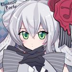  1girl black_gloves blue_background character_name checkered checkered_background eleanor_forte gloves green_eyes hair_ornament interlocked_fingers lavie_(bansheestrikes) long_hair looking_at_viewer silver_hair solo synthesizer_v 