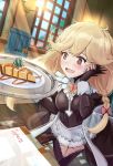  1girl alm_(fire_emblem) artist_name blonde_hair blush bow braid brown_eyes cheesecake commission effie_(fire_emblem) fingerless_gloves fire_emblem fire_emblem_echoes:_mou_hitori_no_eiyuuou food gem gloves hair_bow heart heart_eyes highres indoors ippers long_hair long_sleeves maid nintendo open_mouth plate red_bow solo standing tray twin_braids window 