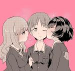  3girls absurdres alternate_hair_length alternate_hairstyle anglerfish aomushi_(mushamusha) bangs blunt_bangs breath commentary_request emblem eyebrows_visible_through_hair from_side girl_sandwich girls_und_panzer grin half-closed_eyes halftone heart heart-shaped_pupils highres jacket kiss long_hair long_sleeves military military_uniform multiple_girls nishizumi_miho one_eye_closed ooarai_military_uniform open_mouth partially_colored pink_background sandwiched shirt short_hair simple_background smile symbol-shaped_pupils takebe_saori tearing_up uniform upper_body very_short_hair yuri 