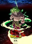  1boy abs aura black_background boots broly_(dragon_ball_super) clenched_hands clouds cloudy_sky commentary copyright_name dated dragon_ball dragon_ball_super dragon_ball_super_broly electricity evil_grin evil_smile fire frown full_body green_hair grin highres leggings limadao male_focus molten_rock muscle night nipples no_pupils outdoors purple_legwear rock scar shaded_face shirtless short_hair simple_background sky smile sparkle spiky_hair standing super_saiyan teeth watermark web_address white_footwear wristband 