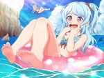  2girls bang_dream! bangs barefoot beach blue_hair blush commentary_request feet furou hair_ornament hair_ribbon hello_happy_world! light_blue_hair long_hair matsubara_kanon multiple_girls one_side_up open_mouth ribbon soles swimsuit toes tsurumaki_kokoro violet_eyes 