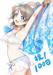  1girl :d ass bangs bare_shoulders bikini blue_eyes breasts cleavage grey_hair hair_between_eyes hair_ornament hair_ribbon hairclip looking_at_viewer love_live! love_live!_sunshine!! open_mouth ribbon rozen5 short_hair simple_background smile solo swimsuit watanabe_you white_background 