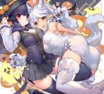  2girls :d akizone animal_ears armlet black_hair black_hat black_legwear black_skirt breasts character_request cleavage dress eyebrows_visible_through_hair final_fantasy final_fantasy_xiv gloves hair_between_eyes hair_ribbon halloween halloween_costume hand_in_another&#039;s_hair happy_halloween hat highres large_breasts medium_breasts miniskirt multiple_girls nail_polish open_mouth paw_gloves paws pleated_skirt pumpkin redhead ribbon short_dress short_hair silver_hair skirt sleeveless sleeveless_dress smile tail thigh-highs werewolf white_dress white_gloves white_legwear white_nails white_ribbon witch_hat wolf_ears wolf_tail yellow_eyes zettai_ryouiki 