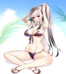  1girl arms_up azur_lane bangs bikini black_footwear blue_sky breasts brown_hair cleavage clouds commentary_request covered_nipples crossed_ankles day doughnut dunkerque_(azur_lane) eyebrows_visible_through_hair flower food food_in_mouth hair_between_eyes high_ponytail highres large_breasts long_hair mouth_hold outdoors ponytail purple_bikini red_eyes ribbon_trim sandals side-tie_bikini sidelocks sitting sky solo swimsuit toenails very_long_hair white_flower youta 