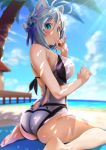 1girl animal_ears antenna_hair ass bare_arms bare_legs bare_shoulders barefoot beach beach_towel blue_eyes blue_flower blue_hair blue_ribbon blue_rose blue_sky blurry blurry_background blush breasts casual_one-piece_swimsuit cat_ears closed_mouth clouds commentary_request dappled_sunlight day dennou_shoujo_youtuber_shiro depth_of_field fake_animal_ears fingernails flower from_behind hair_between_eyes hair_flower hair_ornament hair_ribbon hairband hand_up large_breasts legs light_frown light_rays lips looking_at_viewer looking_back ocean on_ground one-piece_swimsuit outdoors palm_tree pier pija_(pianiishimo) pink_hairband pink_lips ribbon rose shiro_(dennou_shoujo_youtuber_shiro) short_hair sitting sky solo sunbeam sunlight sweatdrop swimsuit towel tree virtual_youtuber wariza water white_flower white_swimsuit 