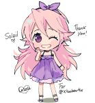  1girl chibi dress fire_emblem fire_emblem_if hairband highres long_hair looking_at_viewer nintendo one_eye_closed pink_hair pomme_(lazzledazzle) ribbon simple_background smile soleil_(fire_emblem_if) solo violet_eyes 