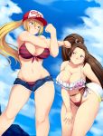  2girls absurdres ball bare_shoulders beachball bikini blonde_hair blue_eyes blue_sky blush bracelet breasts brown_eyes brown_hair cleavage clenched_hands closed_mouth clouds collarbone commentary_request crossed_arms denim denim_shorts eyebrows_visible_through_hair fatal_fury frilled_bikini frills genderswap genderswap_(mtf) hair_between_eyes hand_on_own_thigh hat high_ponytail highres holding_beachball jewelry large_breasts leaning_forward legs long_hair midriff multiple_girls navel ponytail shiny shiny_skin shiranui_mai short_shorts shorts sky snk snk_heroines:_tag_team_frenzy stretched_limb striped_bikini_top swimsuit terry_bogard the_king_of_fighters thighs unbuttoned waist yomitrooper 