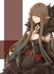  1girl bare_shoulders black_dress black_hair breasts cleavage detached_sleeves dress fate/apocrypha fate_(series) fur_trim highres kato(kato) large_breasts long_hair looking_at_viewer pointy_ears semiramis_(fate) solo very_long_hair 