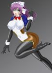  1girl ass bodysuit boots breasts covered_navel covered_nipples cowboy_shot erect_nipples fuuki_(misty_wind) green_eyes impossible_clothes large_breasts long_hair looking_at_viewer maid_headdress open_mouth original ponytail purple_hair shiny shiny_clothes skin_tight solo thigh-highs thigh_boots turtleneck 