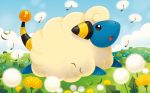  0313 :d black_eyes blue_sky clouds cloudy_sky creature dandelion day flower full_body gen_2_pokemon mareep no_humans official_art open_mouth outdoors pokemon pokemon_(creature) pokemon_trading_card_game profile running sheep sky smile solo third-party_source 