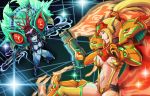  2girls abs adapted_costume alternate_form arm_cannon black_hair black_sclera blonde_hair blue_eyes blue_skin breasts cleavage dark_samus dual_wielding evil_smile fangs hakuramen high_ponytail highres holding kill_la_kill looking_at_another medium_breasts metroid mole mole_under_mouth multicolored_hair multiple_girls nintendo parody ponytail redhead revealing_clothes samus_aran smile suspenders sword toned two-tone_hair weapon 