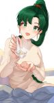  1girl blush breasts dress fire_emblem fire_emblem:_rekka_no_ken fire_emblem_heroes food green_eyes green_hair high_ponytail highres large_breasts long_hair looking_at_viewer lyndis_(fire_emblem) nintendo open_mouth ormille ponytail simple_background smile solo spoon sweater white_background 