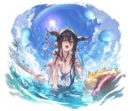  1girl all_fours alpha_transparency antenna_hair bandage bandaged_arm bandages beach bikini black_hair blue_sky blush breasts cleavage clouds collarbone crescent danua day doll draph front-tie_bikini front-tie_top granblue_fantasy gretel_(granblue_fantasy) hair_between_eyes hanging_breasts hansel_(granblue_fantasy) horn_ornament horns jewelry large_breasts long_hair looking_at_viewer minaba_hideo necklace ocean official_art open_mouth outdoors palm_tree pointy_ears rainbow red_eyes side-tie_bikini sky solo sun swimsuit transparent_background tree upper_teeth water wet wet_hair white_bikini 