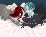  2others androgynous aqua_eyes aqua_hair bed_sheet colored_eyelashes crystal_hair elbow_gloves eyes_visible_through_hair gem_uniform_(houseki_no_kuni) gloves houseki_no_kuni ishii_(wami5285) long_bangs looking_at_viewer lying lying_on_person multiple_others necktie on_back phosphophyllite pillow red_eyes redhead shinsha_(houseki_no_kuni) short_hair stuffed_animal stuffed_toy thigh-highs white_skin 