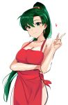  1girl apron blush breasts cleavage fire_emblem fire_emblem:_rekka_no_ken fire_emblem_heroes green_eyes green_hair high_ponytail highres large_breasts long_hair looking_at_viewer lyndis_(fire_emblem) naked_apron nintendo ormille ponytail sideboob smile solo 