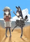  2girls :d alternate_color animal_ears backpack bag black_gloves black_hair black_legwear blue_sky boots bow bowtie clouds cosplay day elbow_gloves frankseven gloves green_eyes hat hat_feather highres kaban_(kemono_friends) kaban_(kemono_friends)_(cosplay) kemono_friends kiko_(watashi_ga_motenai_no_wa_dou_kangaetemo_omaera_ga_warui!) kuroki_tomoko long_hair looking_at_another multiple_girls open_mouth outdoors outstretched_arms pantyhose pantyhose_under_shorts print_gloves print_legwear print_neckwear print_skirt red_shirt savannah serval_(kemono_friends) serval_(kemono_friends)_(cosplay) serval_ears serval_print serval_tail shirt shoes short_sleeves shorts skirt sky sleeveless sleeveless_shirt smile spread_arms sweatdrop tail triangle_mouth watashi_ga_motenai_no_wa_dou_kangaetemo_omaera_ga_warui! white_hat white_shirt white_shorts 